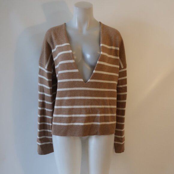 Womens Solid & Striped Wool-Cashmere Brown, White Striped V Neck Sweater S - Picture 2 of 5